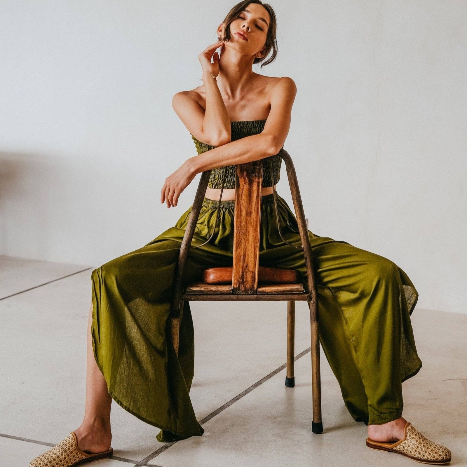 Judith Side Split Pants With Matching Tube Top in Olive