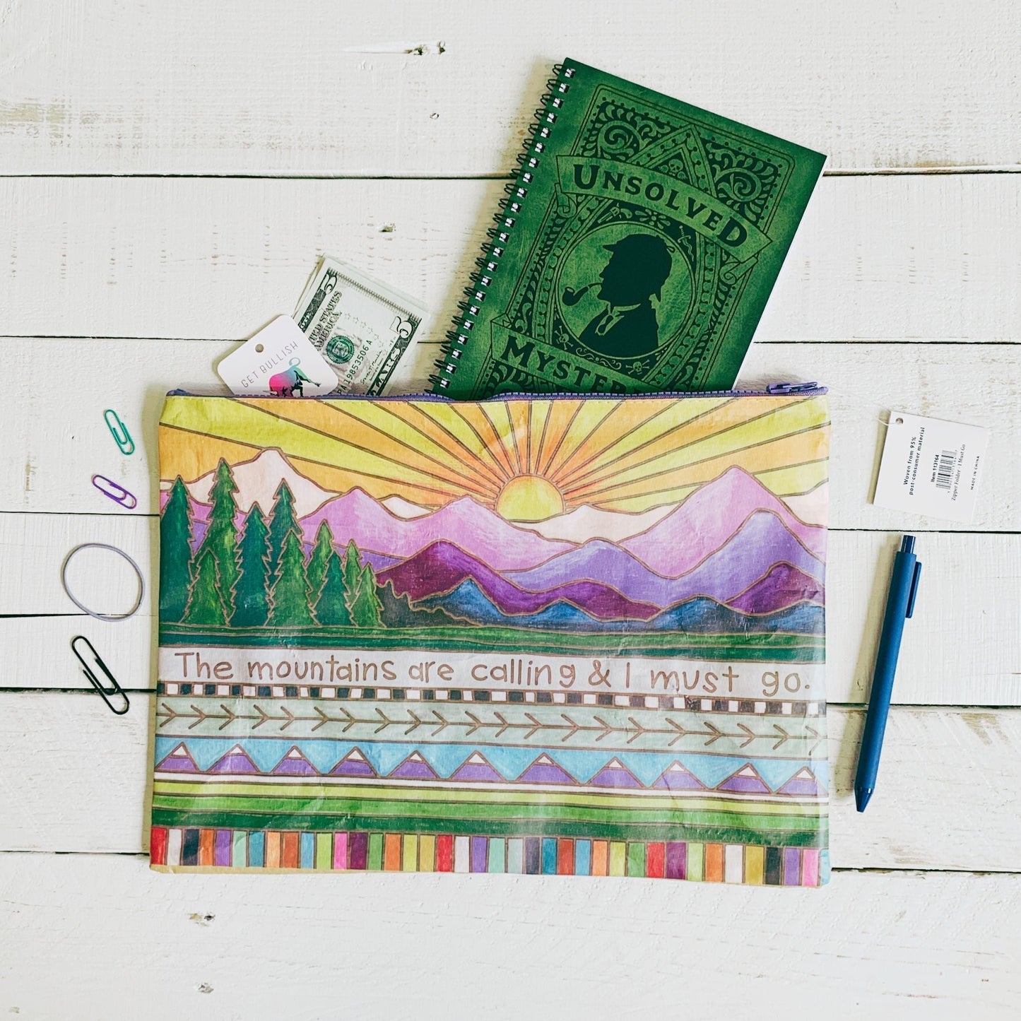 Jumbo Pouch Mountains Are Calling I Must Go Zipper Folder | Recycled Material Pouch | 14.25" x 10"