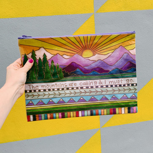 Jumbo Pouch Mountains Are Calling I Must Go Zipper Folder | Recycled Material Pouch | 14.25" x 10"