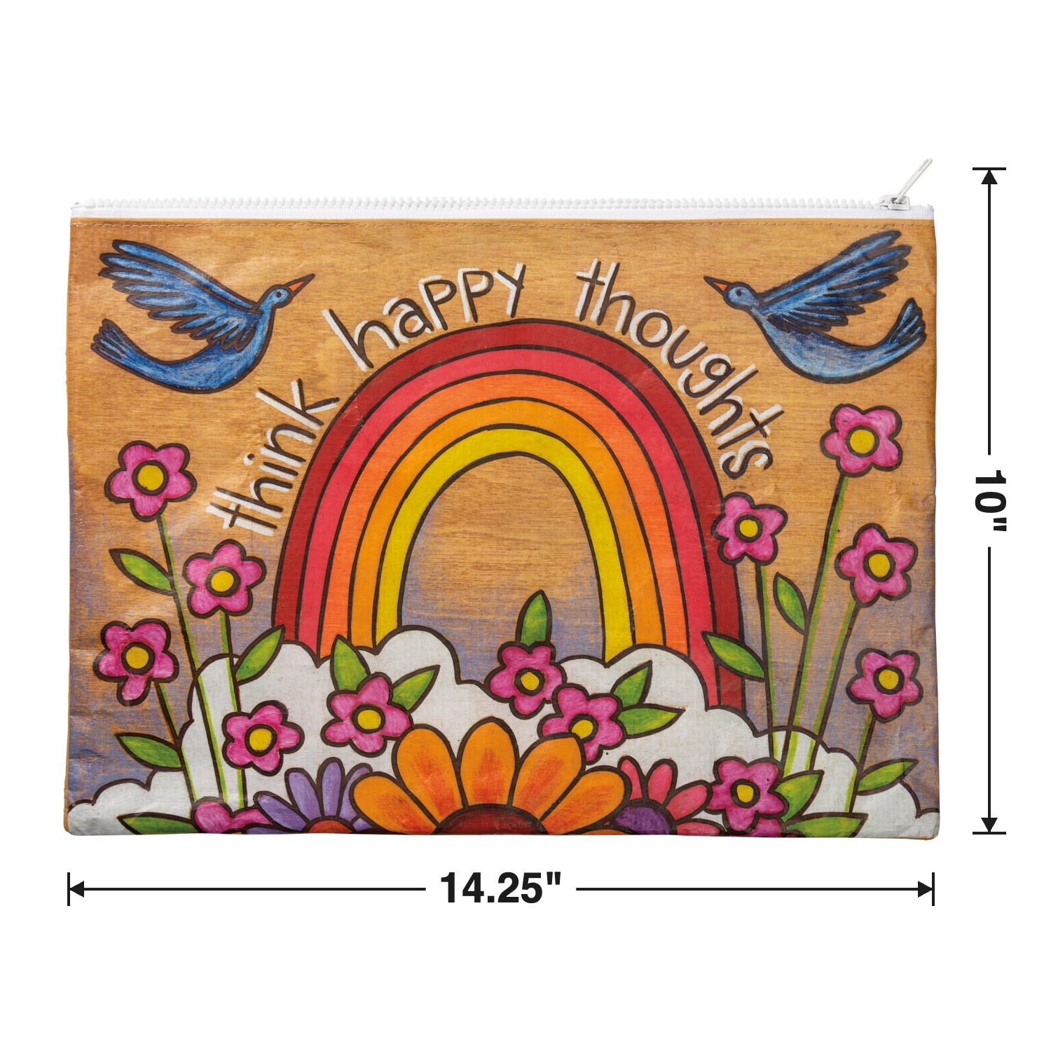 Jumbo Pouch Think Happy Thoughts Zipper Folder in Rainbow and Flowers Design | Organizer Pouch Recycled Material | 14.25" x 10"-Primitives by Kathy-The Bullish Store