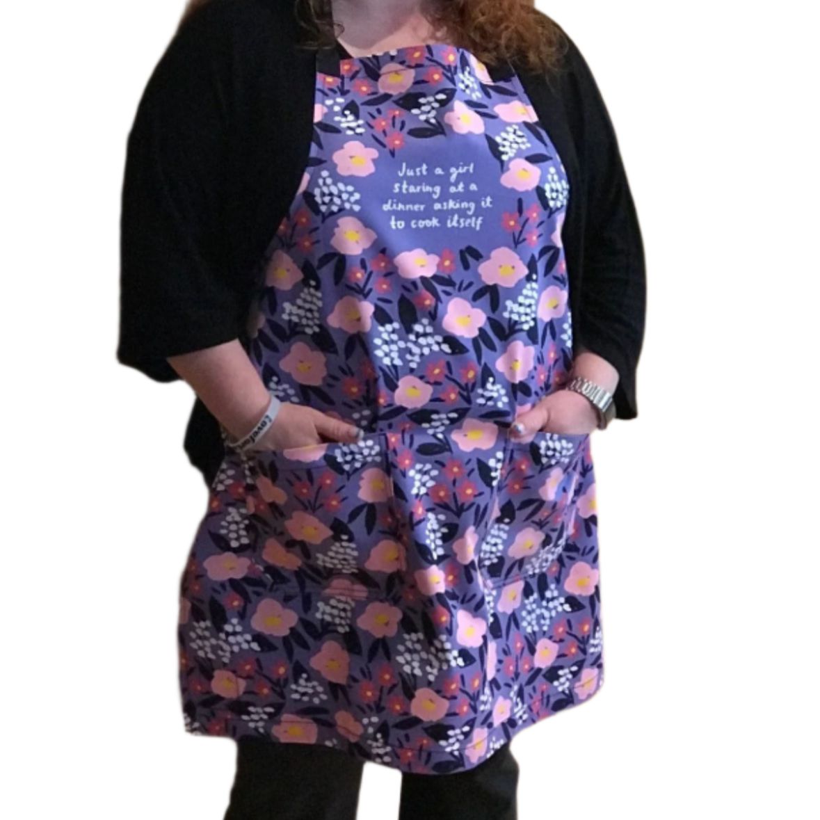 Just A Girl Staring At A Dinner Asking It To Cook Itself Funny Cooking and BBQ Apron 2 Pockets Adjustable Strap 100% Cotton | Gift for Her