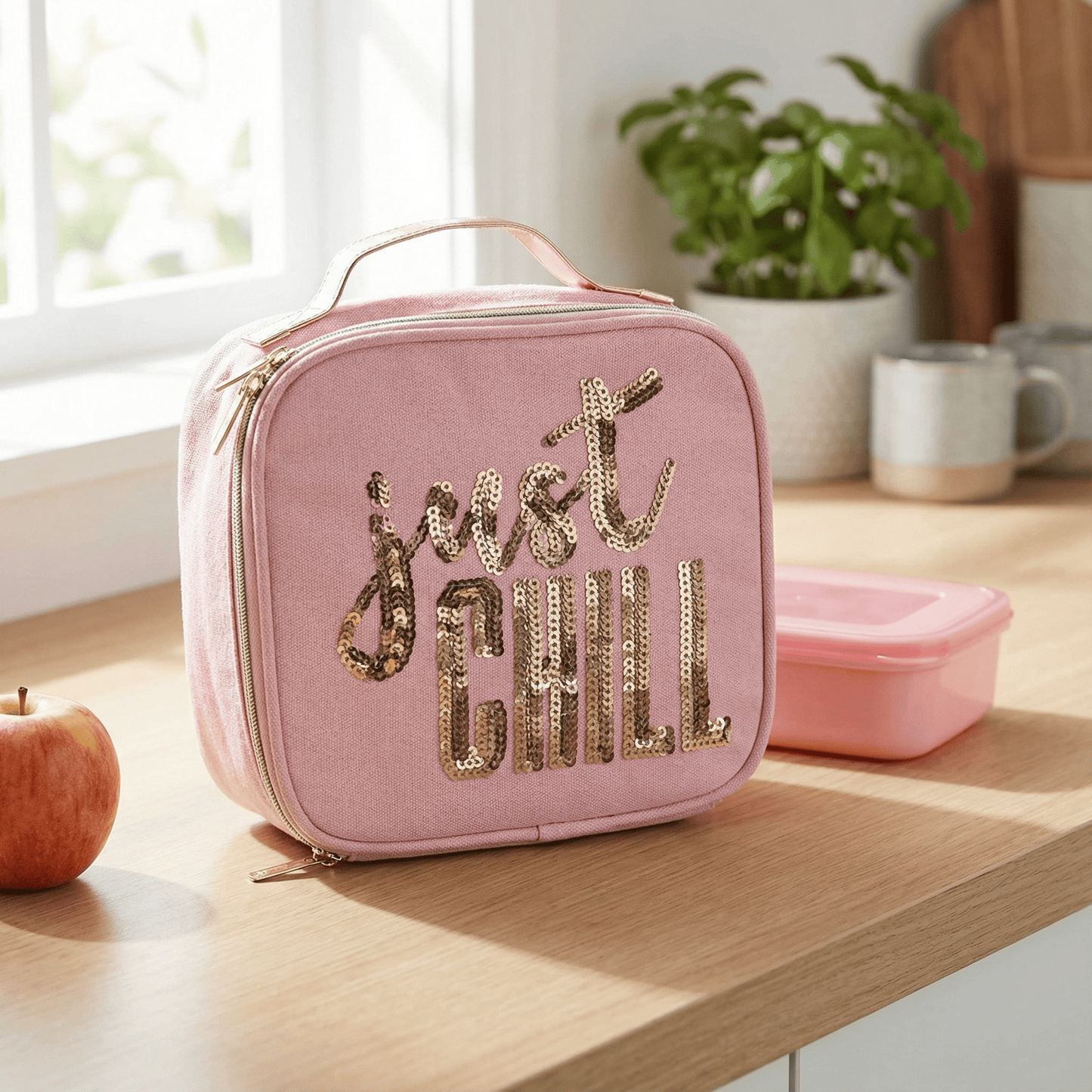 Just Chill Pink Combo Lunch Set | Sequin Embellished Lunch Bag and 6.25" Square Food Container