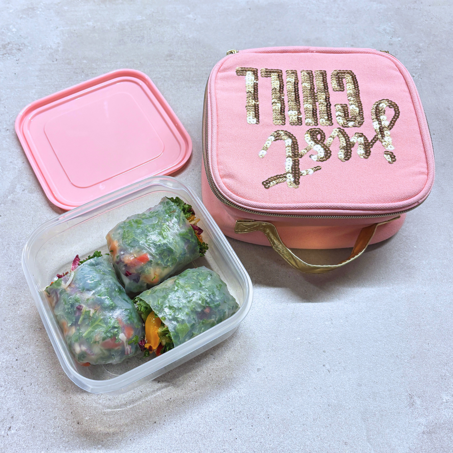 Just Chill Pink Combo Lunch Set | Sequin Embellished Lunch Bag and 6.25" Square Food Container