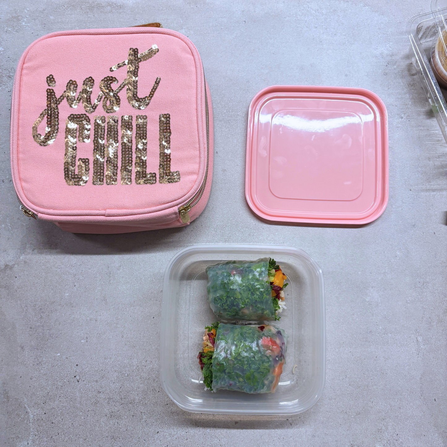 Just Chill Pink Combo Lunch Set | Sequin Embellished Lunch Bag and 6.25" Square Food Container