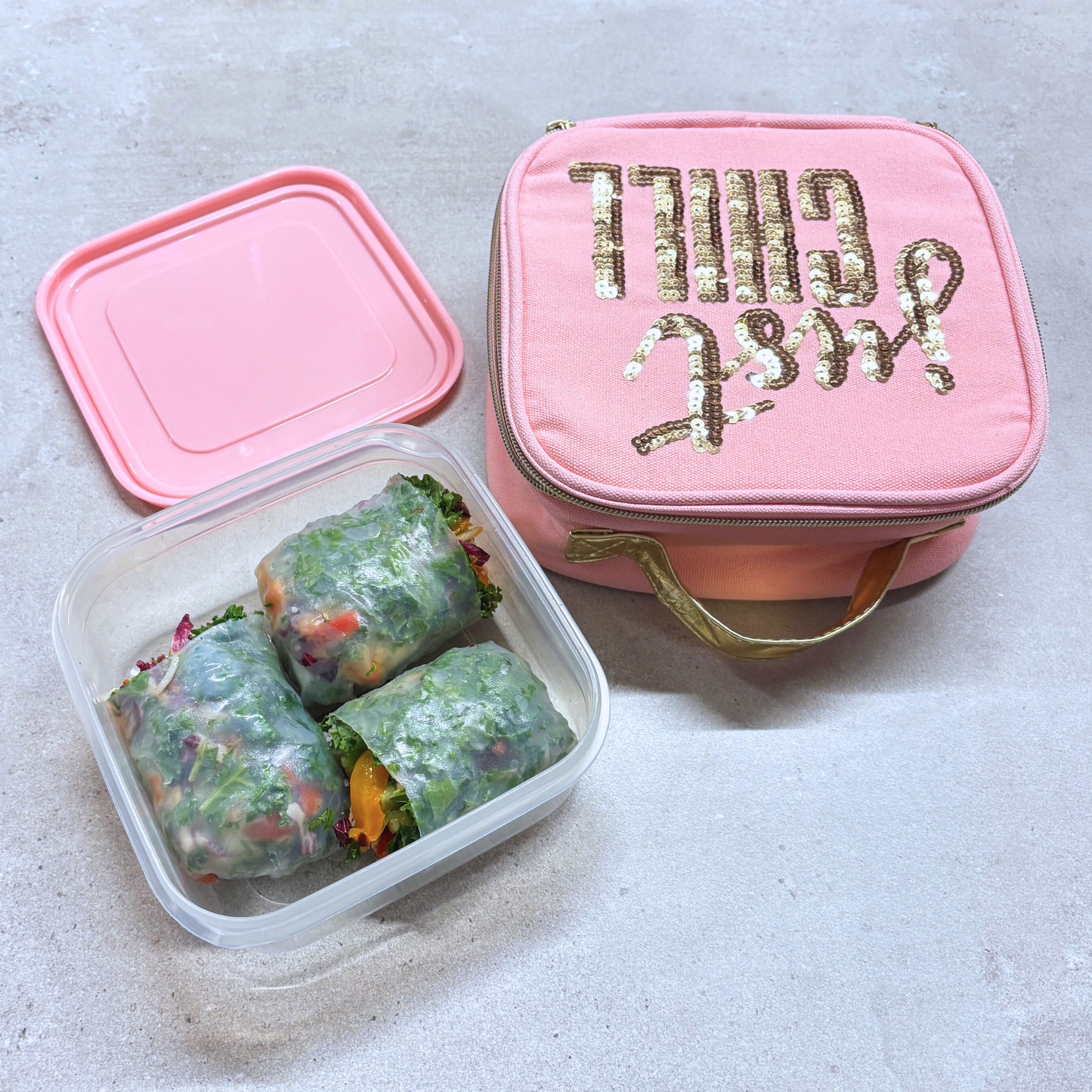 Just Chill Pink Combo Lunch Set | Sequin Embellished Lunch Bag and 6.25" Square Food Container
