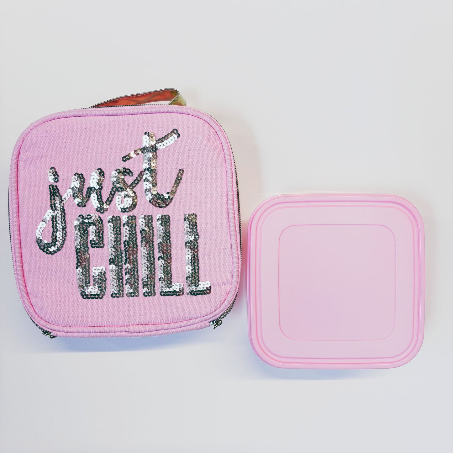 Just Chill Pink Combo Lunch Set | Sequin Embellished Lunch Bag and 6.25" Square Food Container