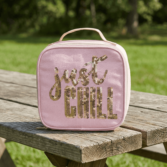 Just Chill Pink Combo Lunch Set | Sequin Embellished Lunch Bag and 6.25" Square Food Container