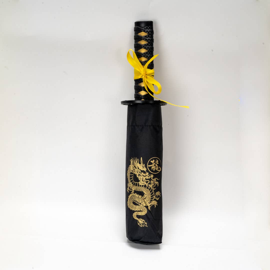 Katana Handle Dragon Umbrella | Samurai-Inspired Nylon Umbrella with Gold Dragon Design