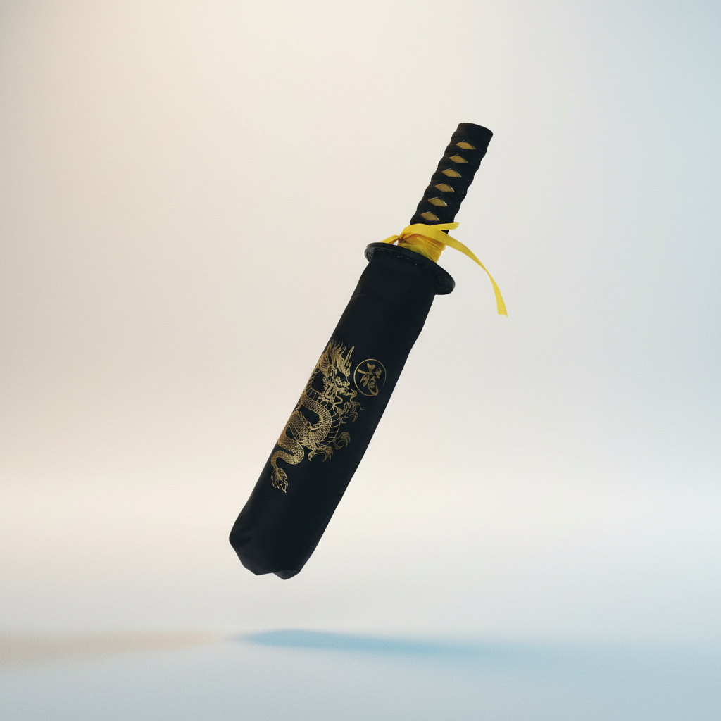 Katana Handle Dragon Umbrella | Samurai-Inspired Nylon Umbrella with Gold Dragon Design