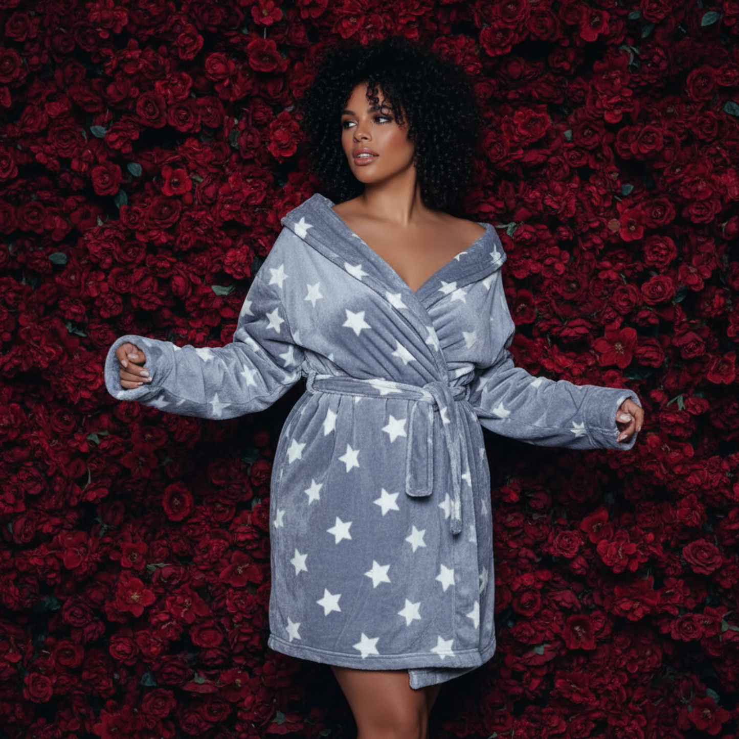 Kaylee Robe in Dark Grey & White Star Print | Giftable Luxurious Ultra Soft [Available in S/M - L/XL]