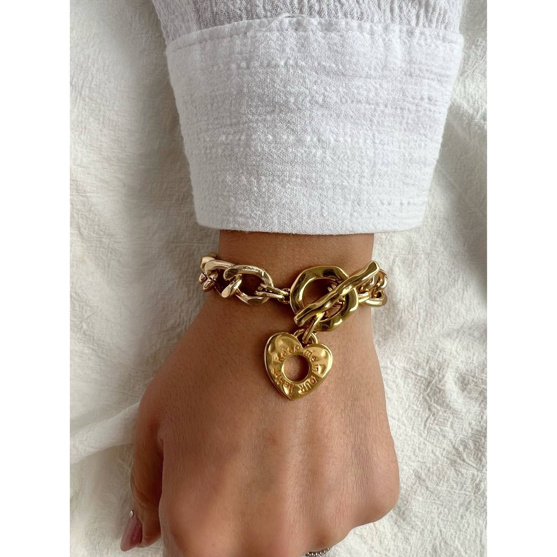 "Keep Me In Your Heart" Gold Chunky Chain Bracelet with Heart Charm | Handmade in Athens, Greece