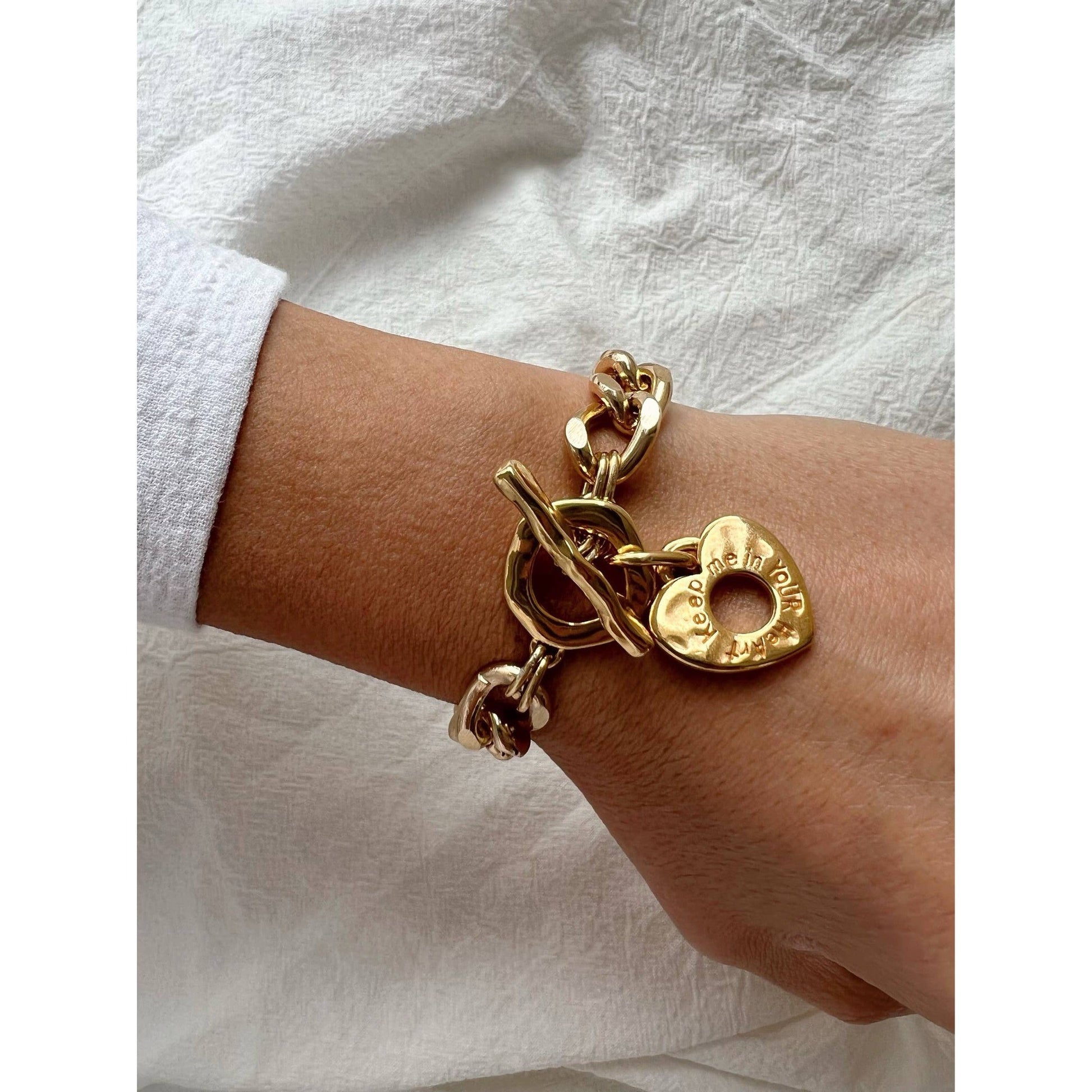 "Keep Me In Your Heart" Gold Chunky Chain Bracelet with Heart Charm | Handmade in Athens, Greece