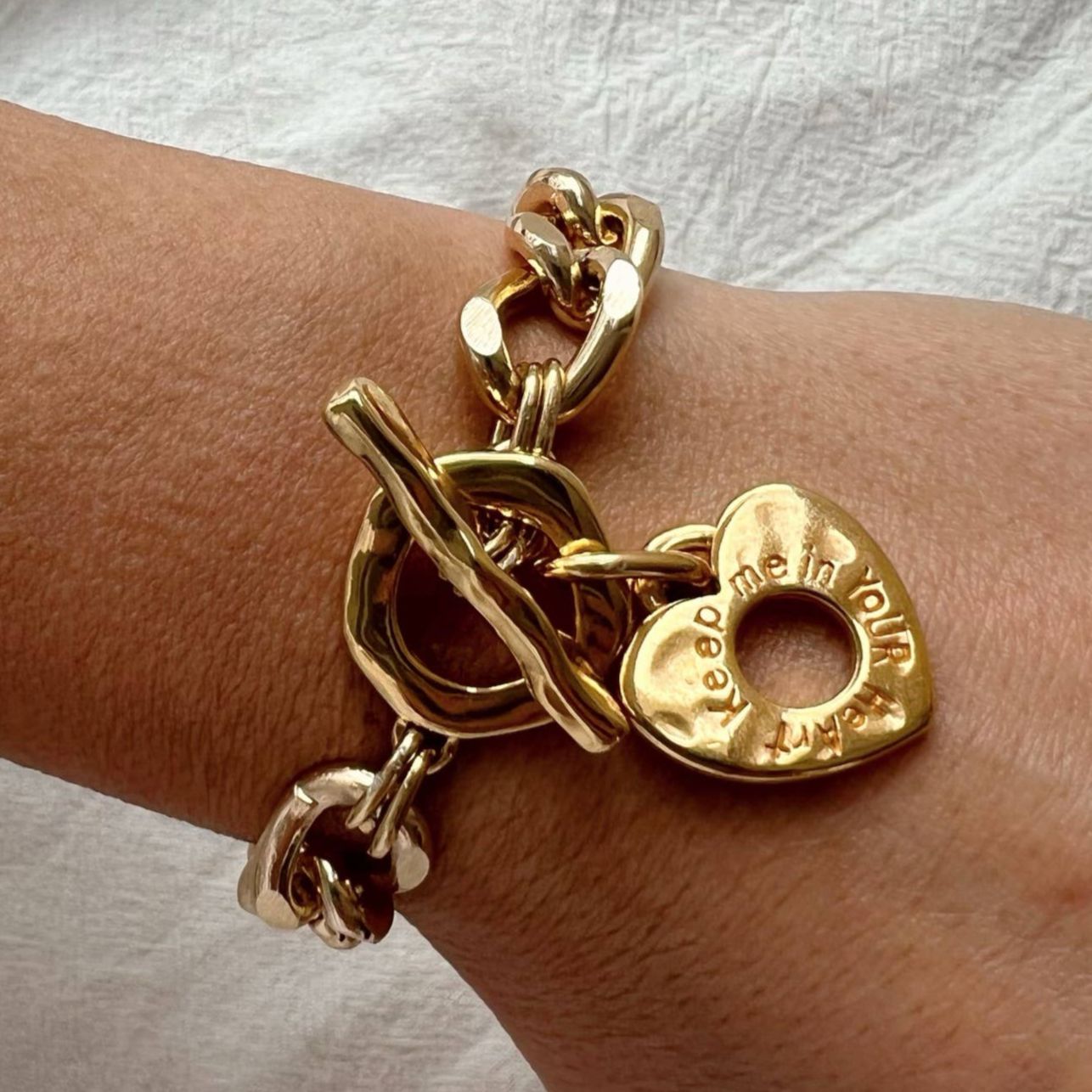 "Keep Me In Your Heart" Gold Chunky Chain Bracelet with Heart Charm | Handmade in Athens, Greece
