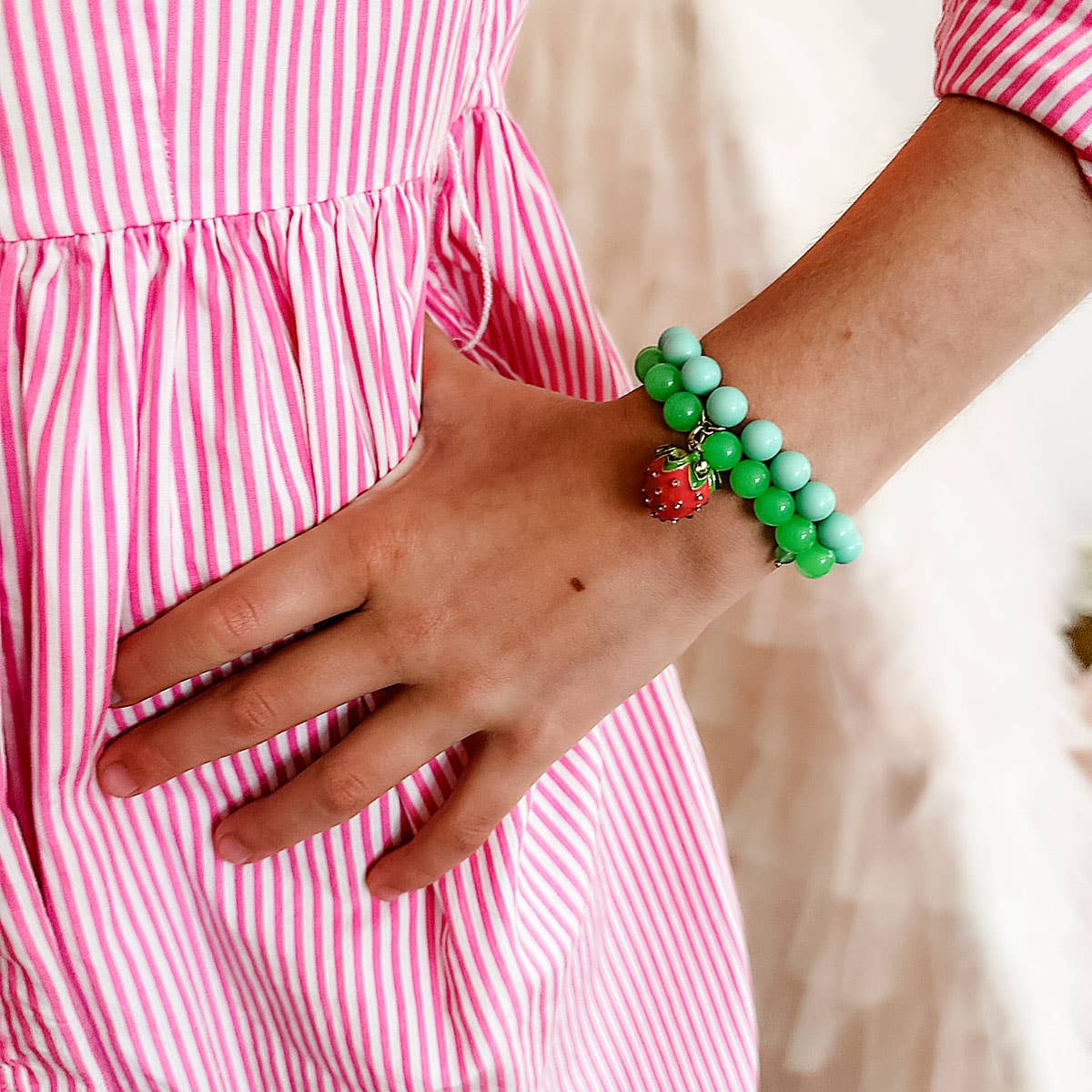 Kids Melody Strawberry Beaded Children's Bracelet in Green & Aqua | Kids Fashion Beads Jewelry