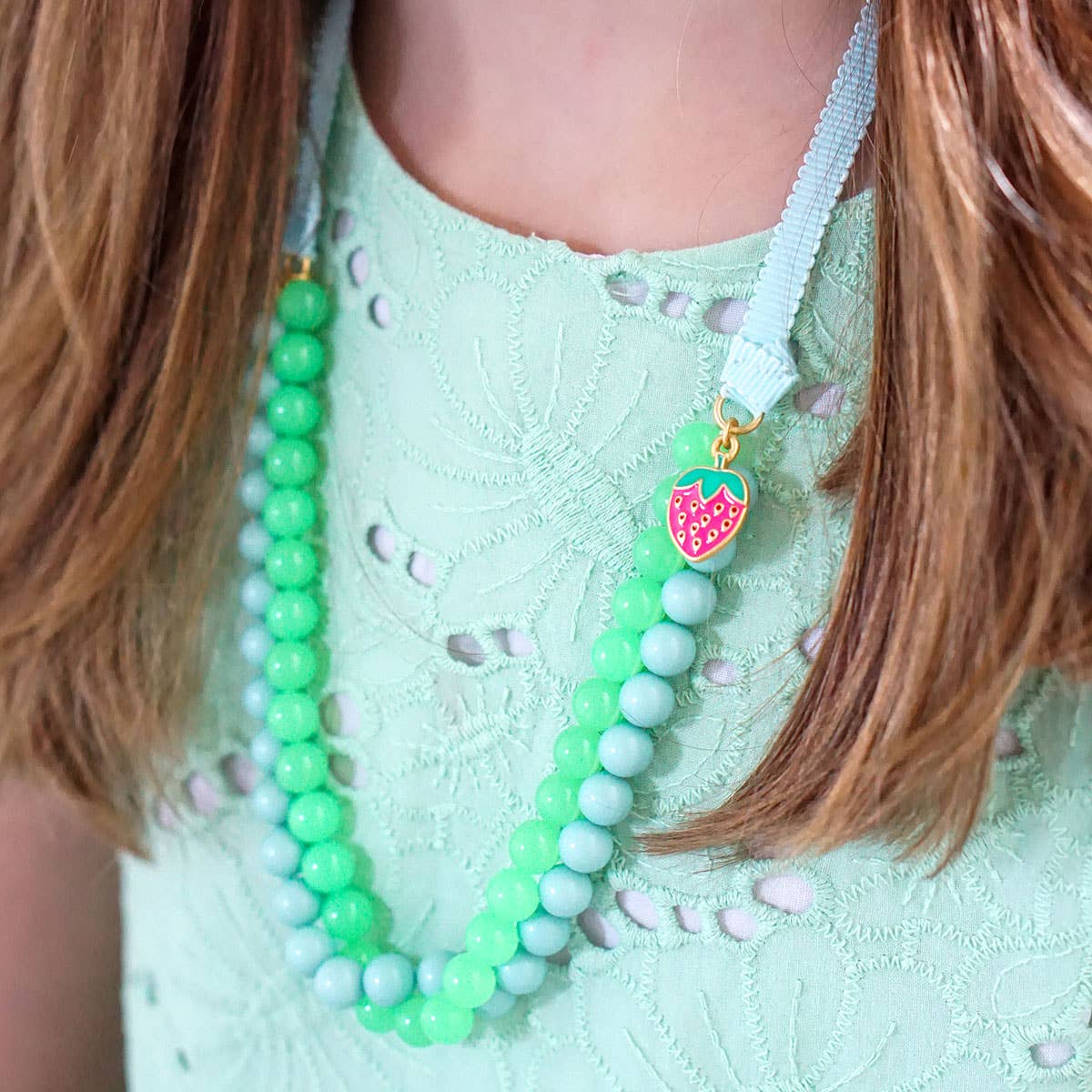 Kids Melody Strawberry Charm Beaded Ribbon Children's Necklace in Aqua and Green Beads | Kids Fashion Beads Jewelry