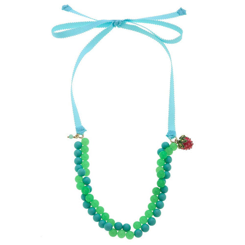 Kids Melody Strawberry Charm Beaded Ribbon Children's Necklace in Aqua and Green Beads | Kids Fashion Beads Jewelry