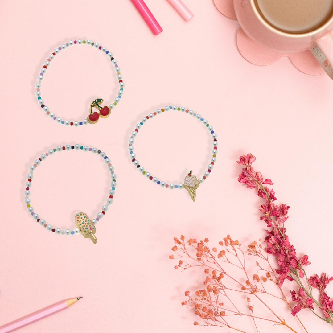 Kids Samantha Pearl Beaded Children's Bracelet with Cute Charm | Popsicle, Ice Cream, or Cherries