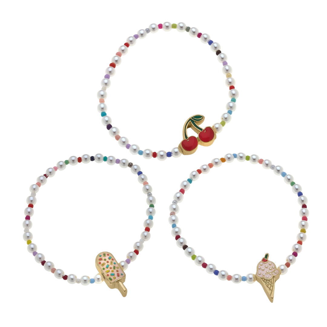 Kids Samantha Pearl Beaded Children's Bracelet with Cute Charm | Popsicle, Ice Cream, or Cherries