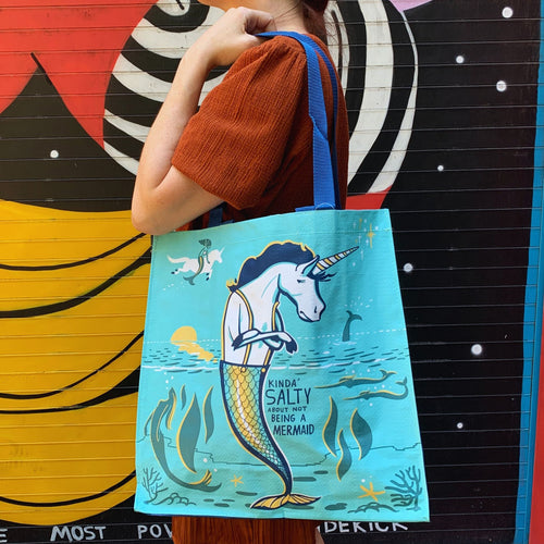 Kinda' Salty About Not Being A Mermaid Large Market Tote Bag in Mermaid Unicorn Design | 15.50" x 15.25" x 6"