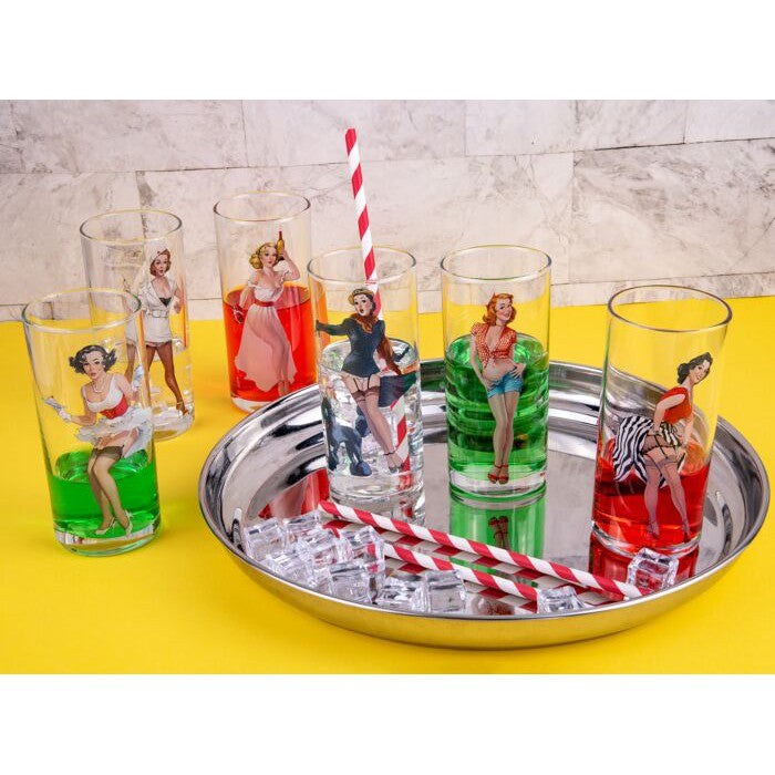 Kischy Pin-up Girls Cocktail Glasses Set of 6 | Retro Ladies Glass Drinkware | 9.5 oz