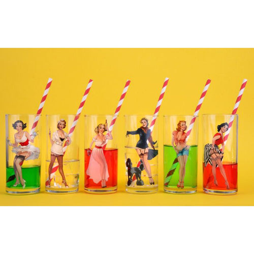 Kischy Pin-up Girls Cocktail Glasses Set of 6 | Retro Ladies Glass Drinkware | 9.5 oz