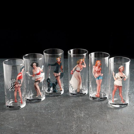 Kischy Pin-up Girls Cocktail Glasses Set of 6 | Retro Ladies Glass Drinkware | 9.5 oz