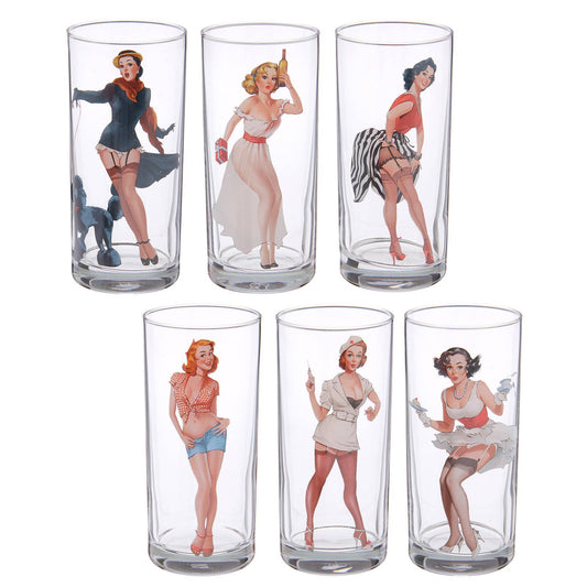 Kischy Pin-up Girls Drinking Glasses Set of 6 | Retro Ladies Glass Drinkware | 9.5 oz