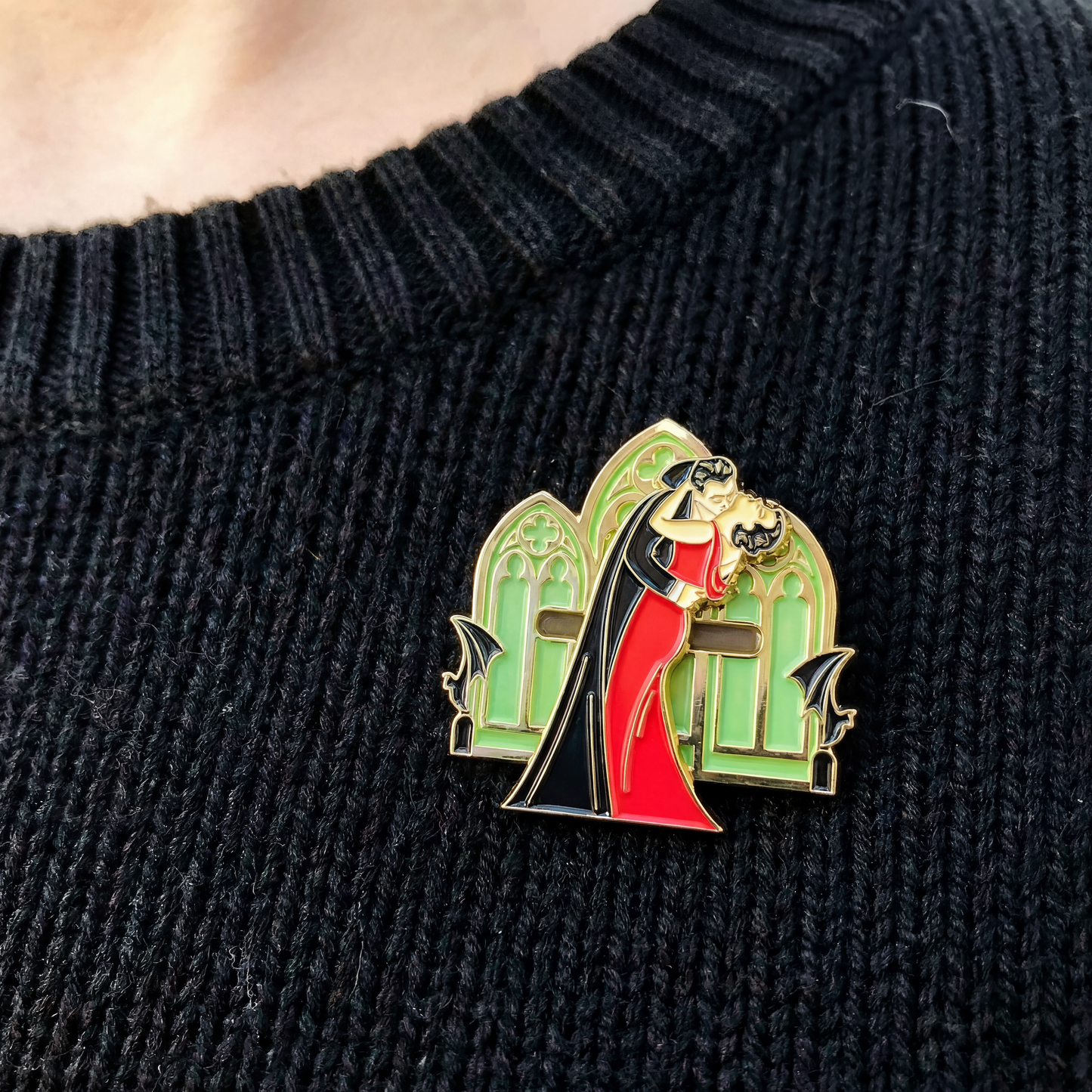 Kiss of Dracula Sliding Enamel Pin | Gothic Vampire Interactive Pin