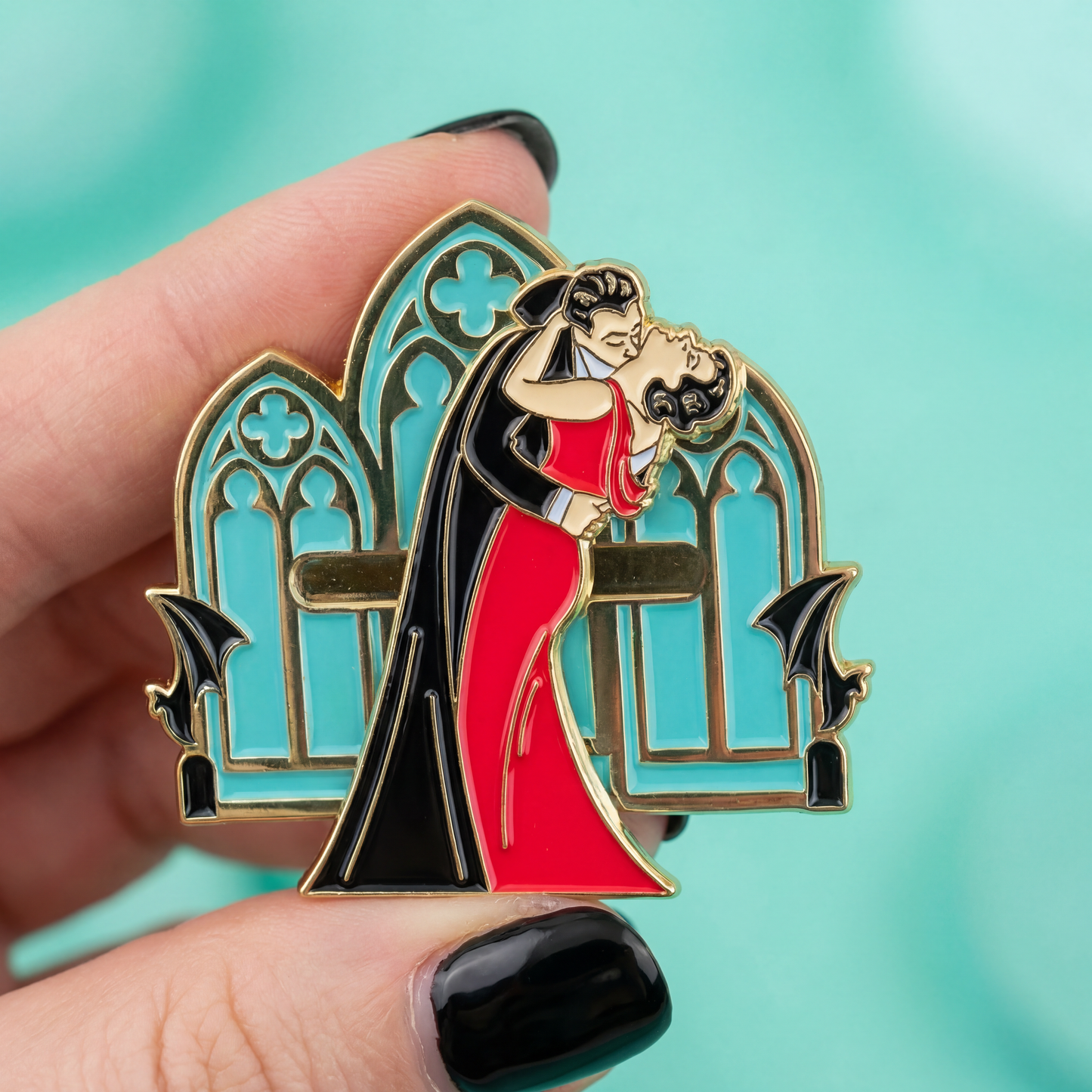 Kiss of Dracula Sliding Enamel Pin | Gothic Vampire Interactive Pin