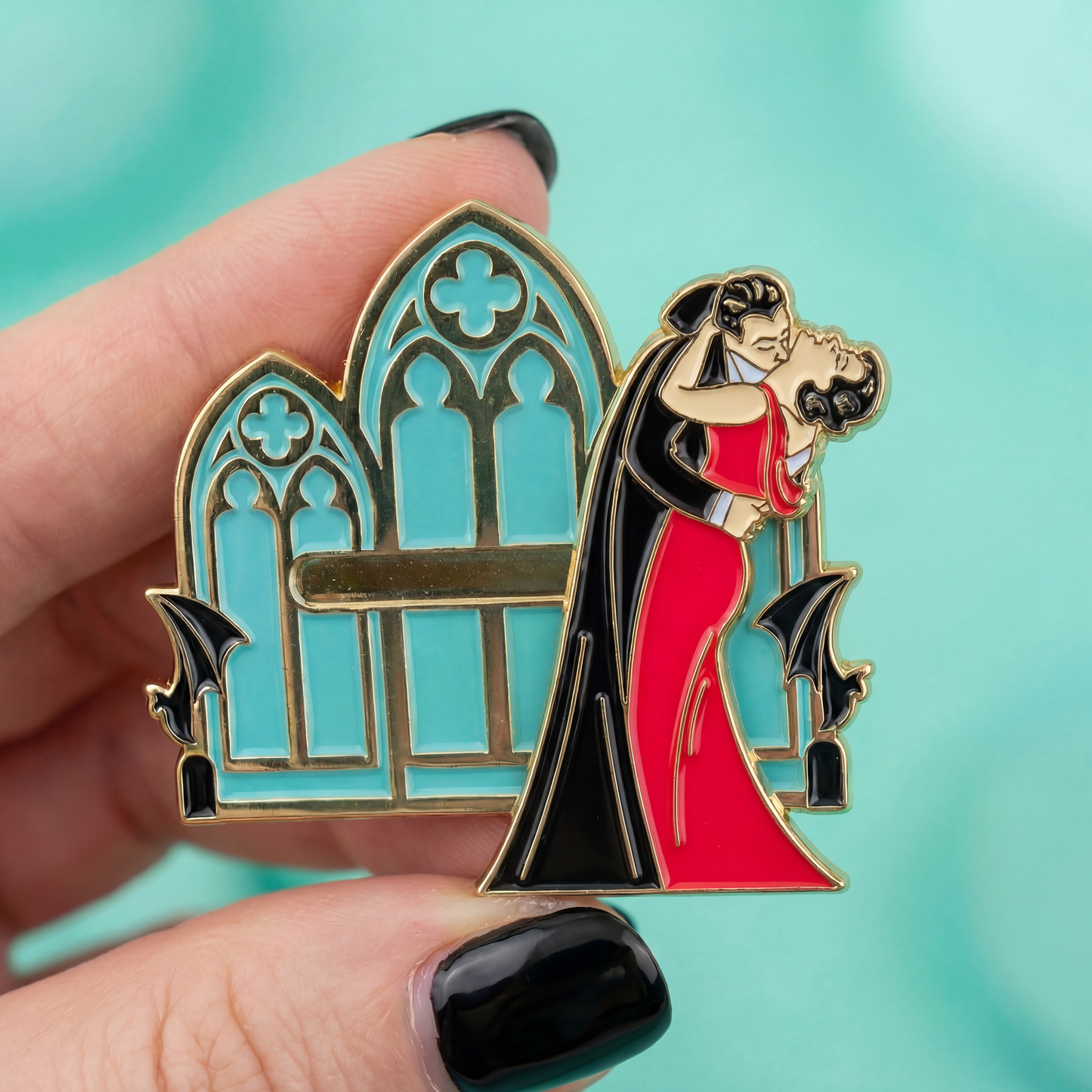 Kiss of Dracula Sliding Enamel Pin | Gothic Vampire Interactive Pin