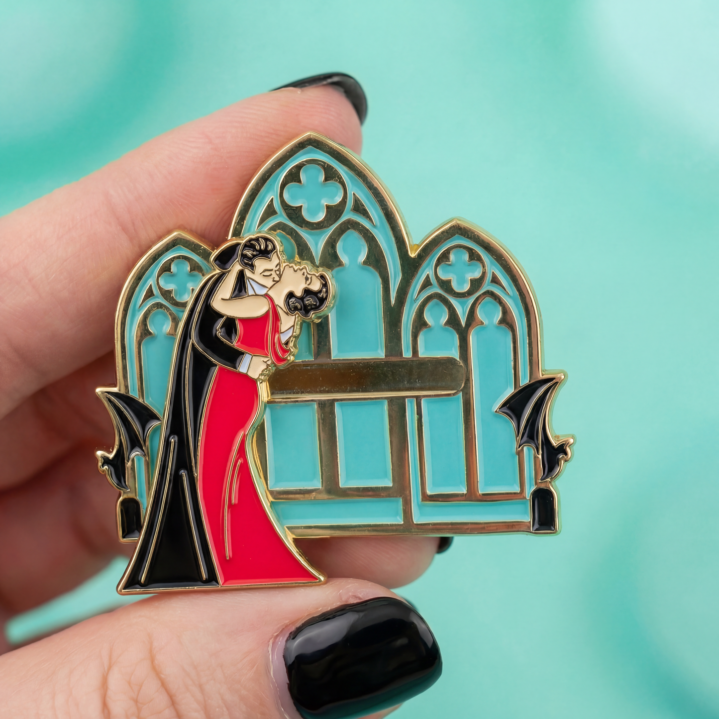 Kiss of Dracula Sliding Enamel Pin | Gothic Vampire Interactive Pin