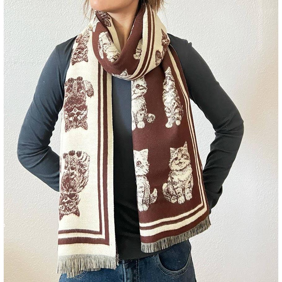 Kitten Print Cashmere Wrap Scarf | Reversible Cat Scarf with Fringe | Black Grey Red