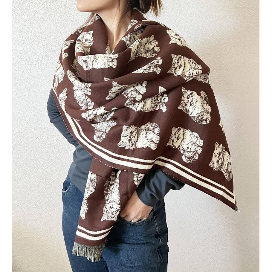 Kitten Print Cashmere Wrap Scarf | Reversible Cat Scarf with Fringe | Black Grey Red