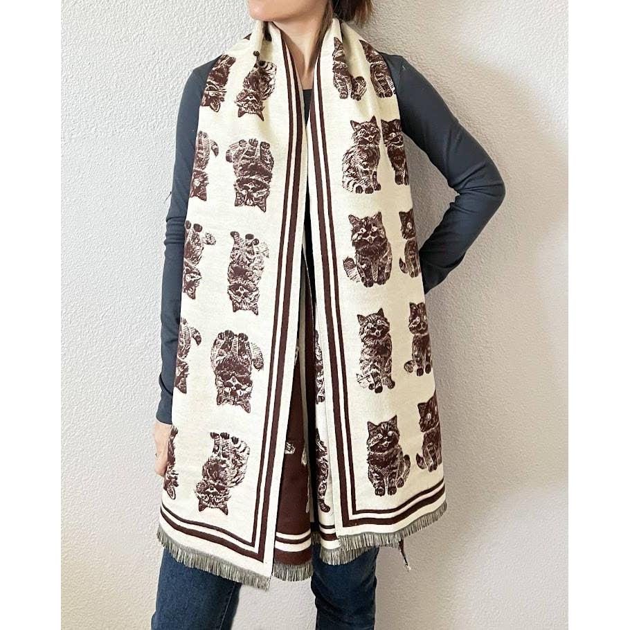 Kitten Print Cashmere Wrap Scarf | Reversible Cat Scarf with Fringe | Black Grey Red