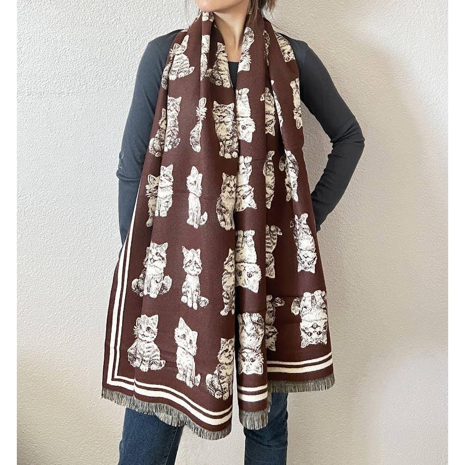 Kitten Print Cashmere Wrap Scarf | Reversible Cat Scarf with Fringe | Black Grey Red