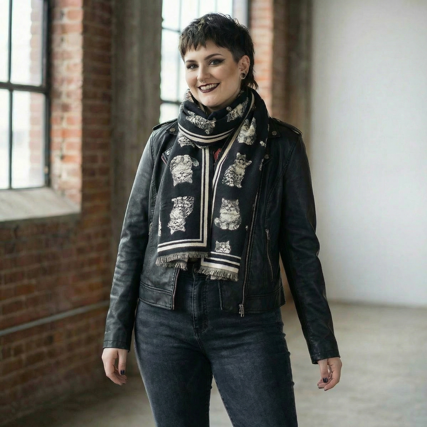 Kitten Print Cashmere Wrap Scarf | Reversible Cat Scarf with Fringe | Black Grey Red