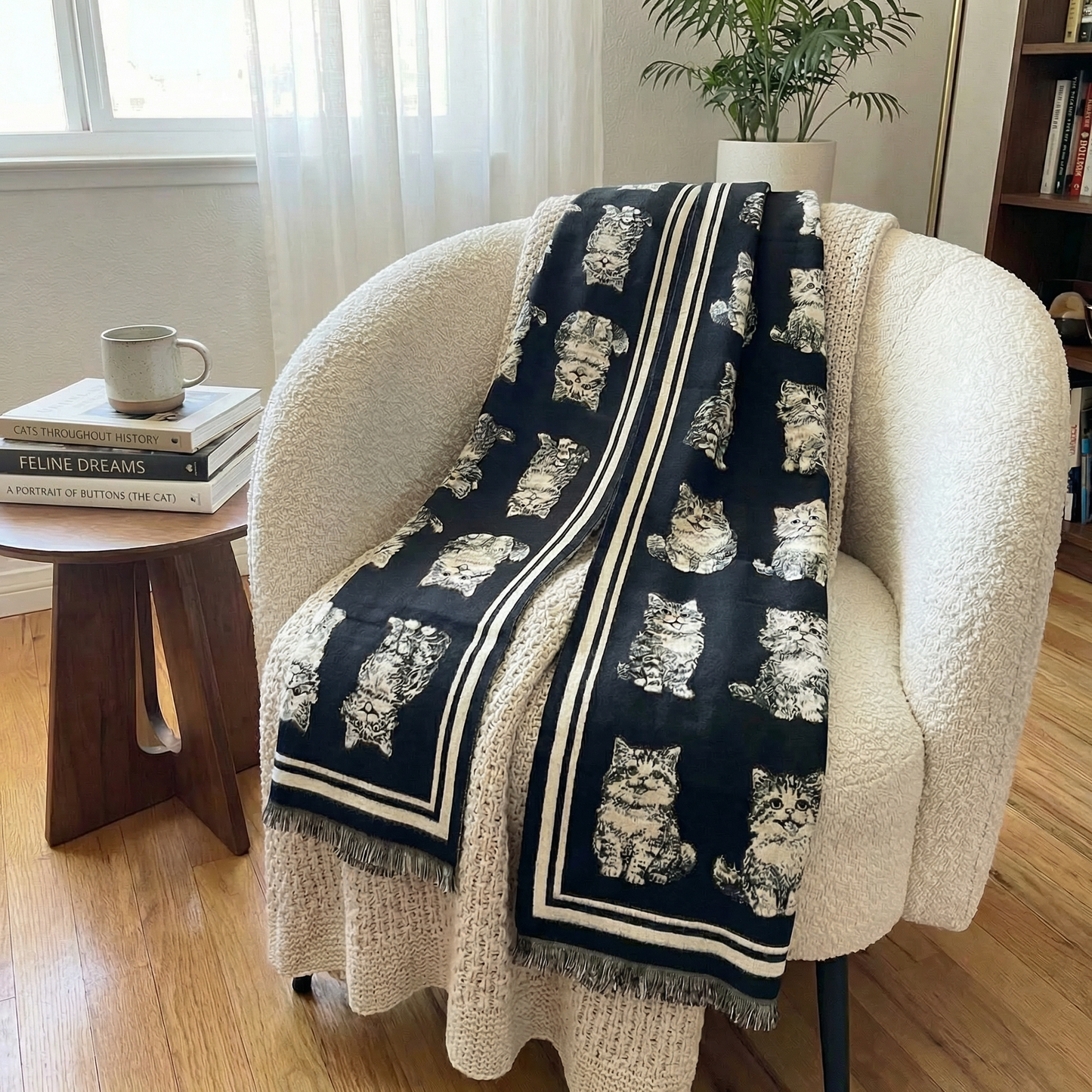 Kitten Print Cashmere Wrap Scarf | Reversible Cat Scarf with Fringe | Black Grey Red