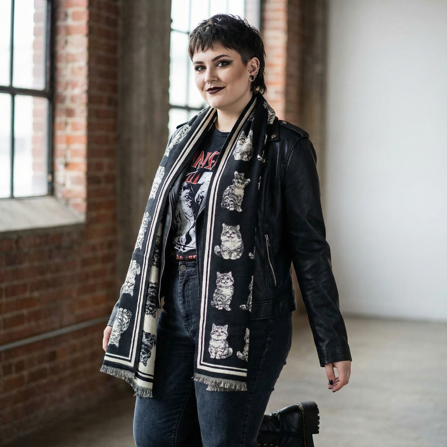 Kitten Print Cashmere Wrap Scarf | Reversible Cat Scarf with Fringe | Black Grey Red