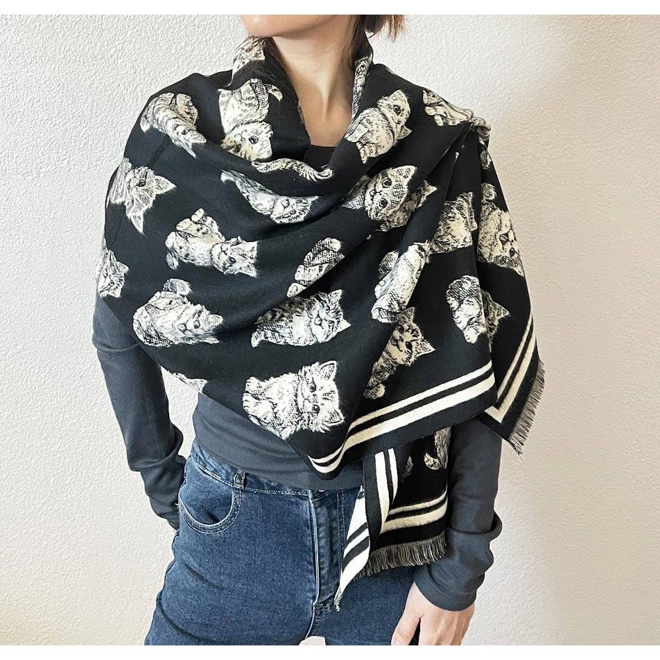 Kitten Print Cashmere Wrap Scarf | Reversible Cat Scarf with Fringe | Black Grey Red