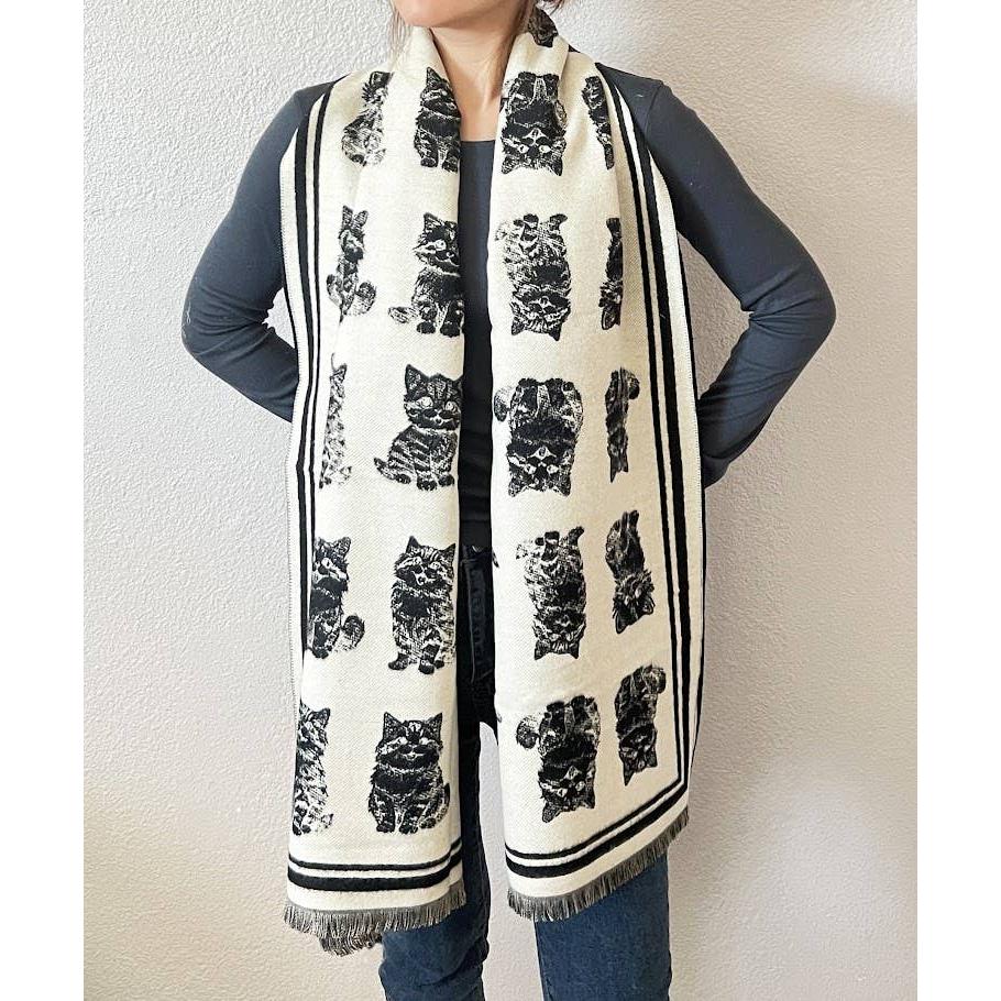 Kitten Print Cashmere Wrap Scarf | Reversible Cat Scarf with Fringe | Black Grey Red