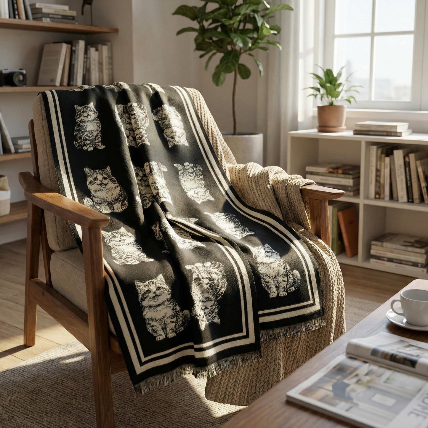 Kitten Print Cashmere Wrap Scarf | Reversible Cat Scarf with Fringe | Black Grey Red