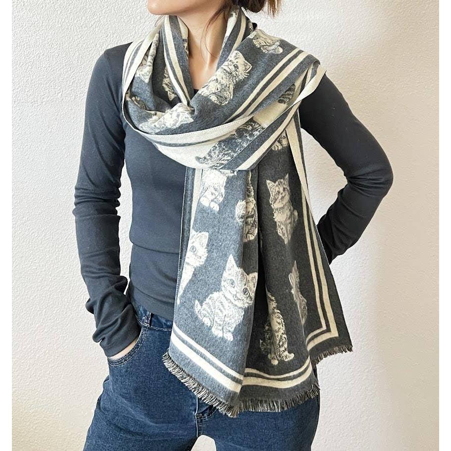 Kitten Print Cashmere Wrap Scarf | Reversible Cat Scarf with Fringe | Black Grey Red