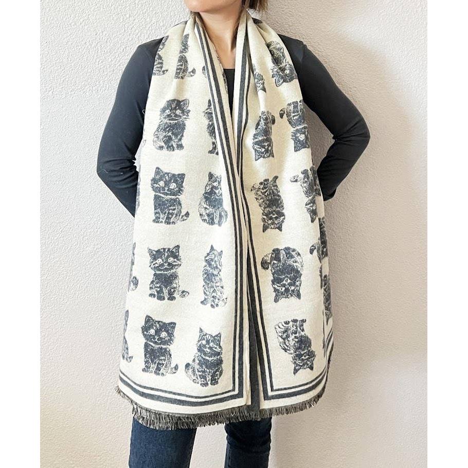 Kitten Print Cashmere Wrap Scarf | Reversible Cat Scarf with Fringe | Black Grey Red