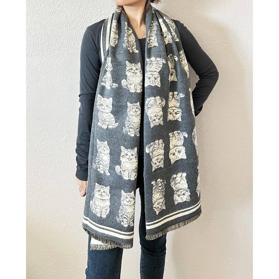 Kitten Print Cashmere Wrap Scarf | Reversible Cat Scarf with Fringe | Black Grey Red