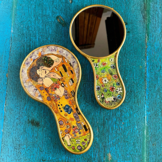 Klimt The Kiss Hand Mirror | Hand-Painted Reverse Glass Mirror, Made in Peru