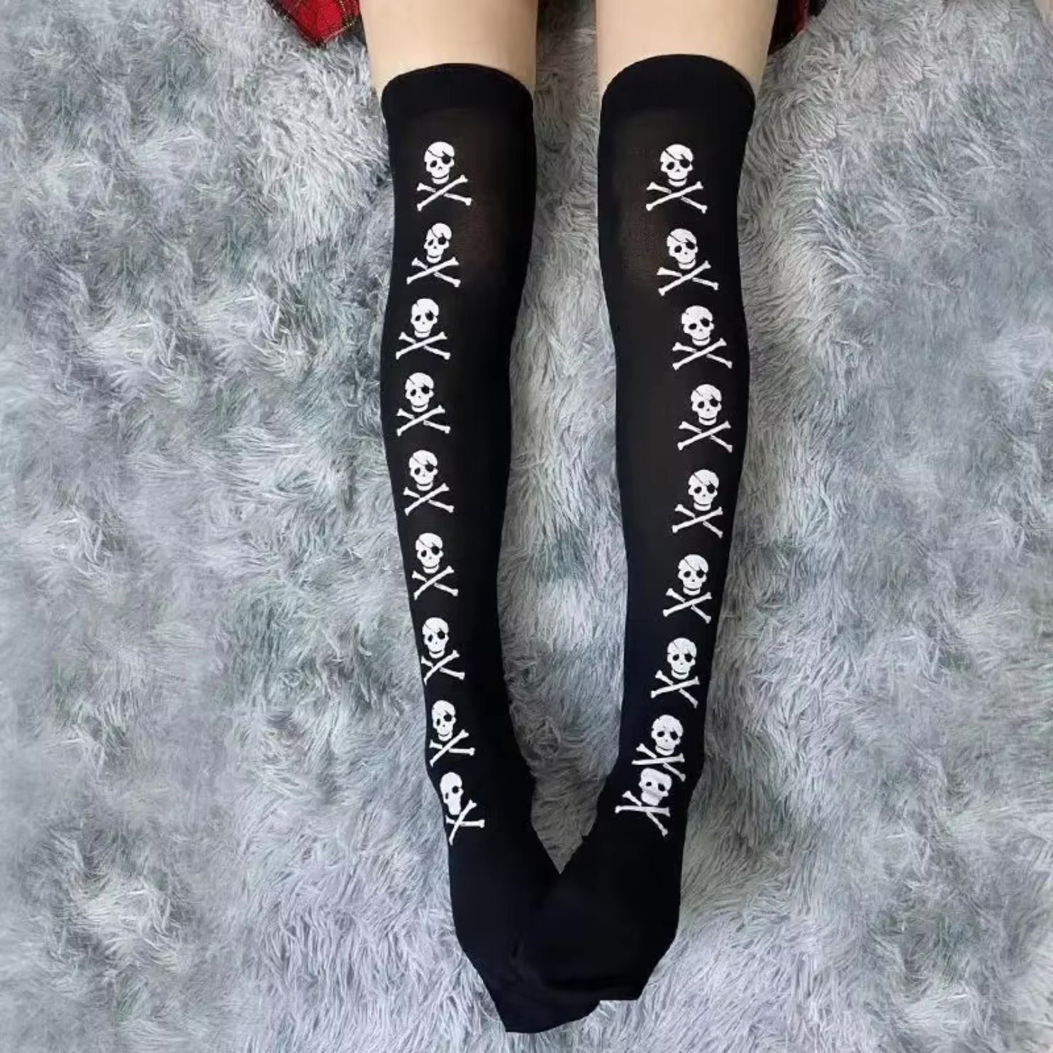 Knee High Tights Skull and Crossbones | Gothic Cotton Halloween Theme Tall Stocking Socks