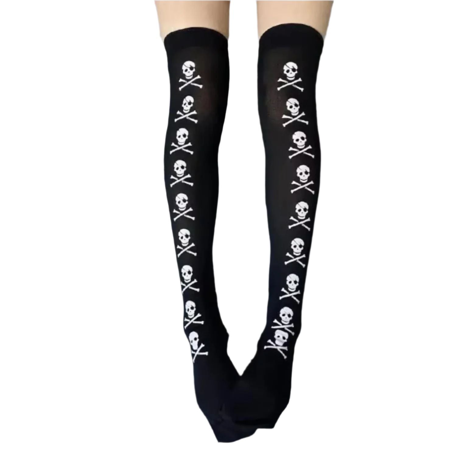 Knee High Tights Skull and Crossbones | Gothic Cotton Halloween Theme Tall Stocking Socks