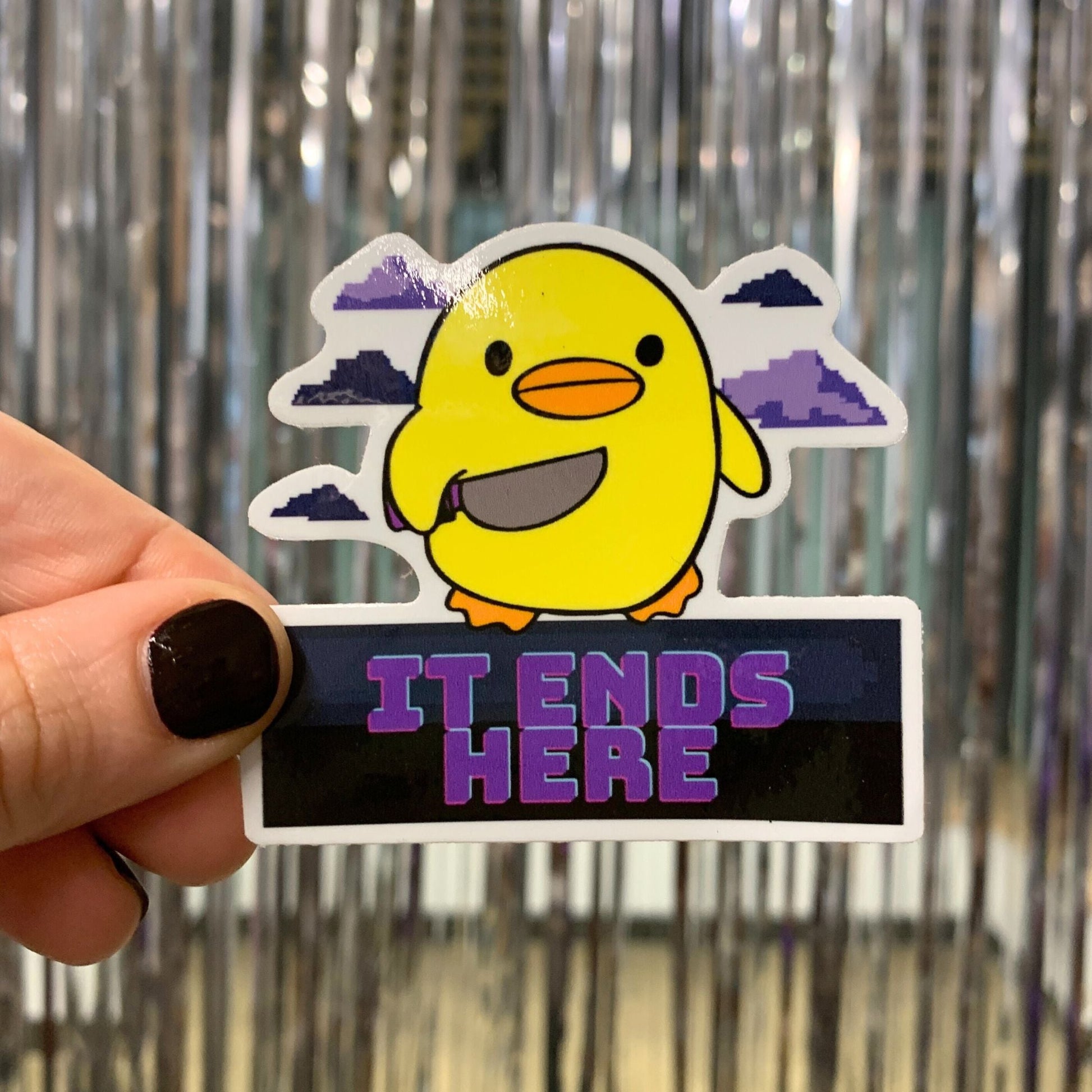 Knife Duck It Ends Here Sticker | Yellow Duck 90s Video Game Inspired | Vinyl Die Cut Decal