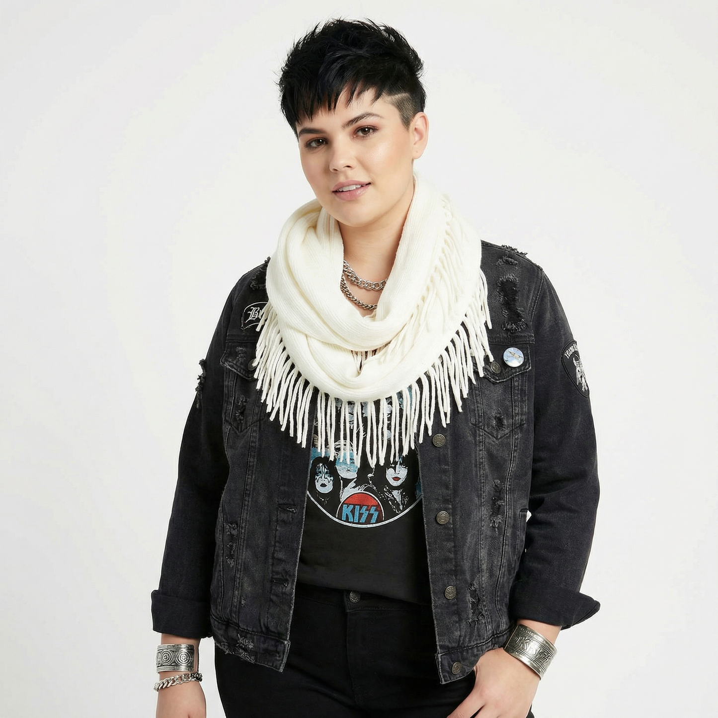 Knit Fringe Necklace Scarf | Lightweight Acrylic Loop Infinity Scarf | Turquoise Black Ivory