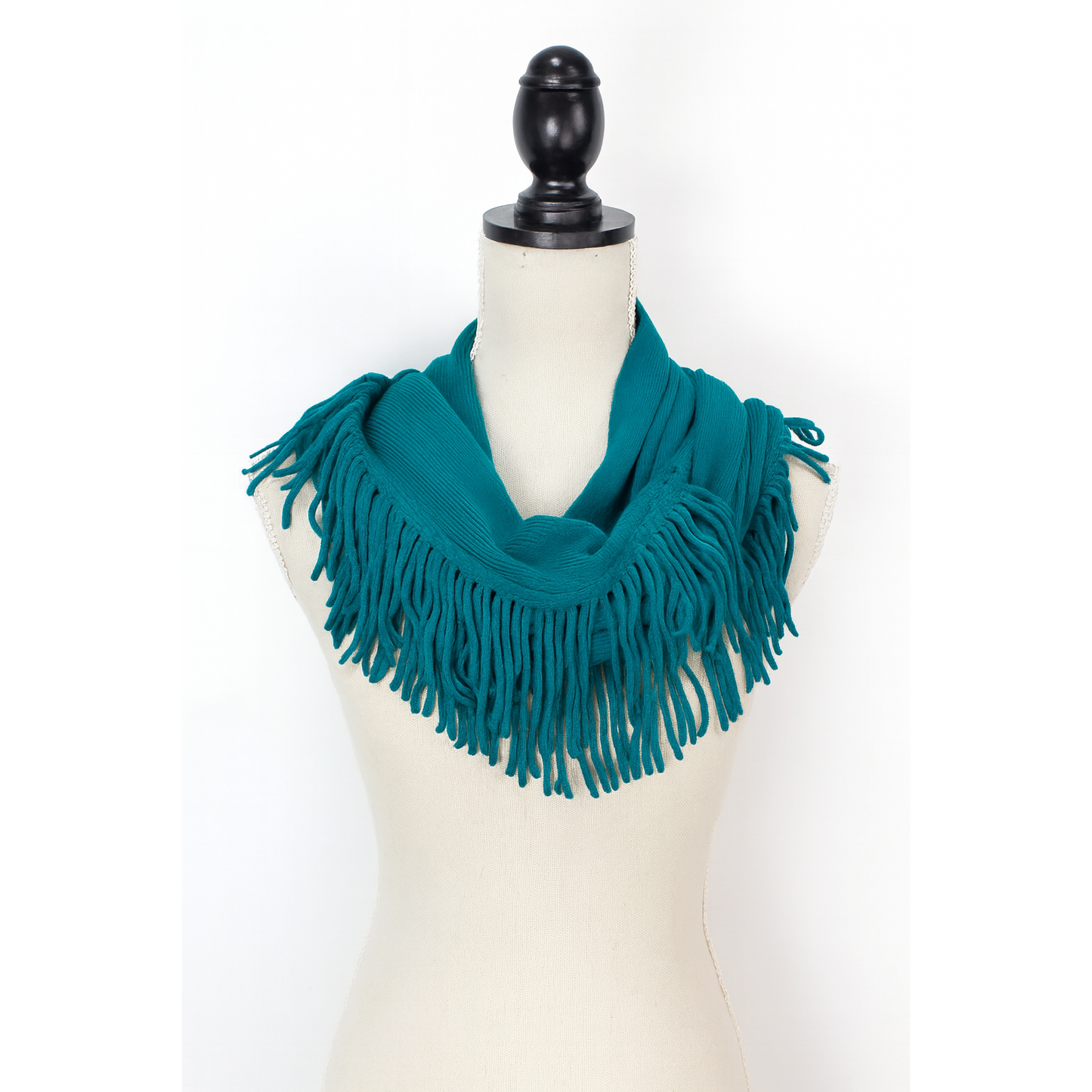 Knit Fringe Necklace Scarf | Lightweight Acrylic Loop Infinity Scarf | Turquoise Black Ivory